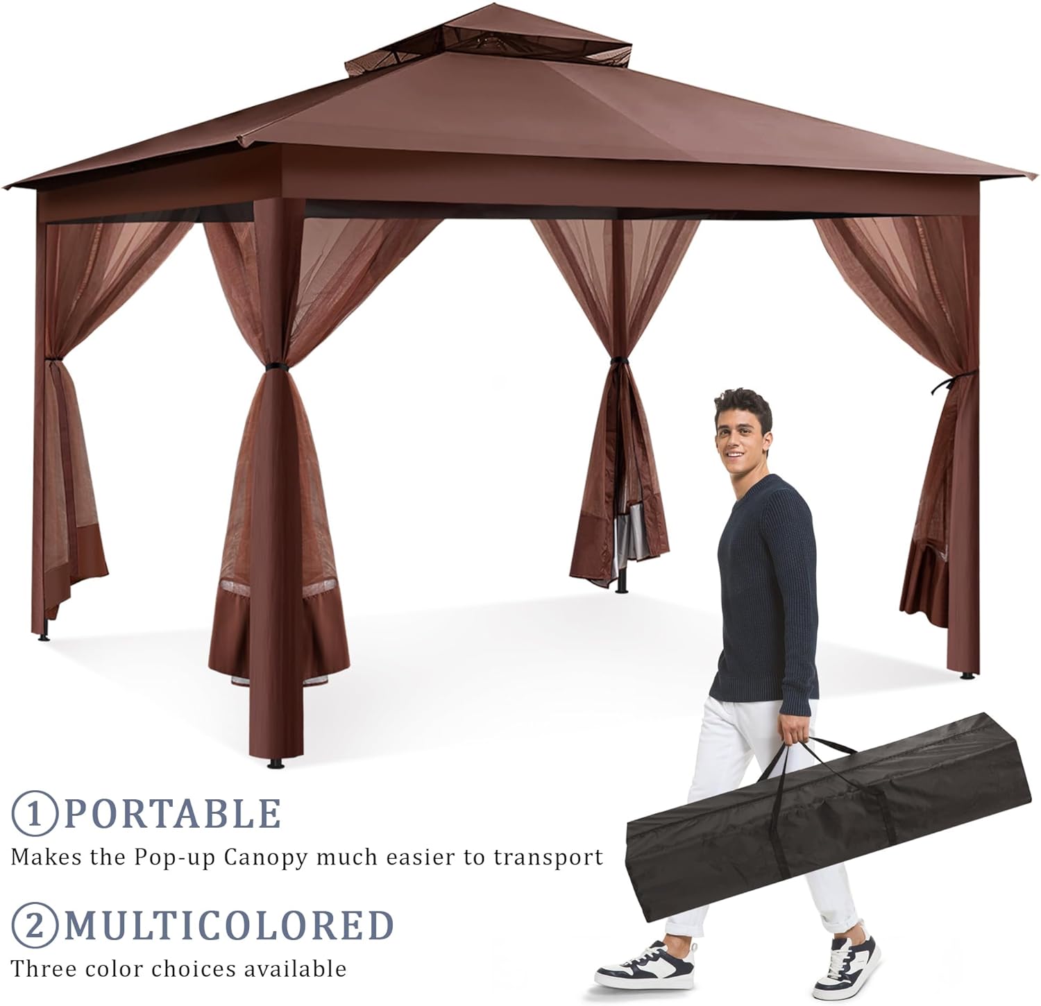 yoyomax Gazebo desplegable para exteriores de 13 x 13 pulgadas con red, kiosco portátil impermeable, refugio para patio con techo doble y 169 pies
