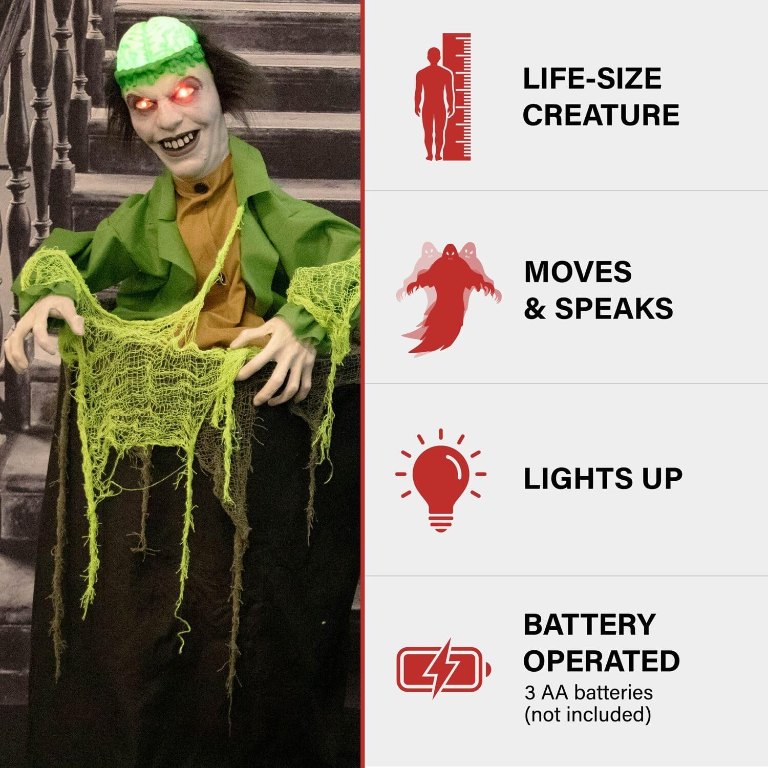 Haunted Hill Farm Zombi animatronic Thrashing en un barril con cerebro y ojos iluminados para decoración de Halloween con pilas para interiores o