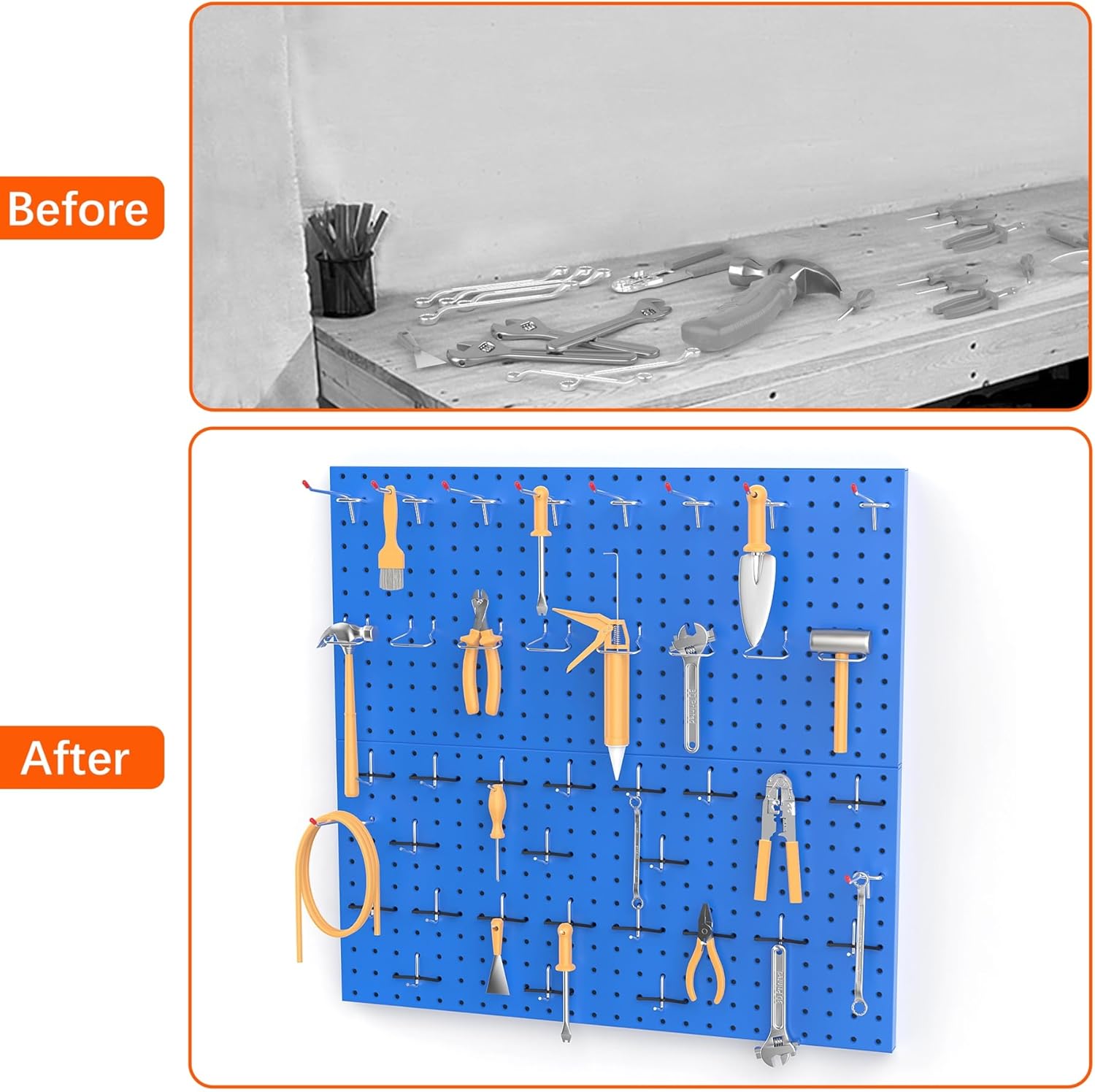 TORACK Organizador de pared de tablero de clavijas de metal de 24 x 24 pulgadas o 12 x 48 pulgadas, sistema de tablero de clavijas de 70 piezas para