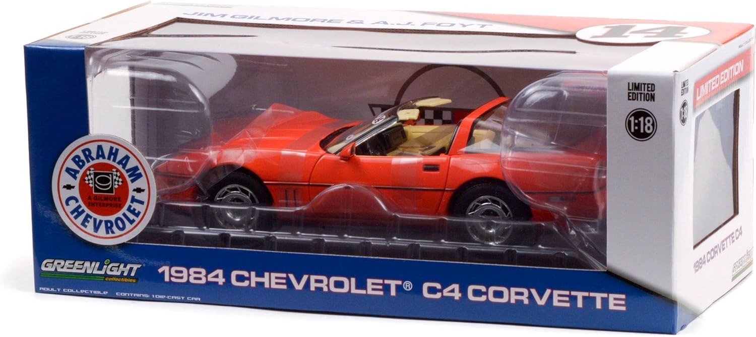 1984 Chevy Corvette C4 Hugger Orange Jim Gilmore y AJ Foyt Edición Limitada Orden Especial 118 Modelo de Auto Fundido a Presión por Greenlight 13595