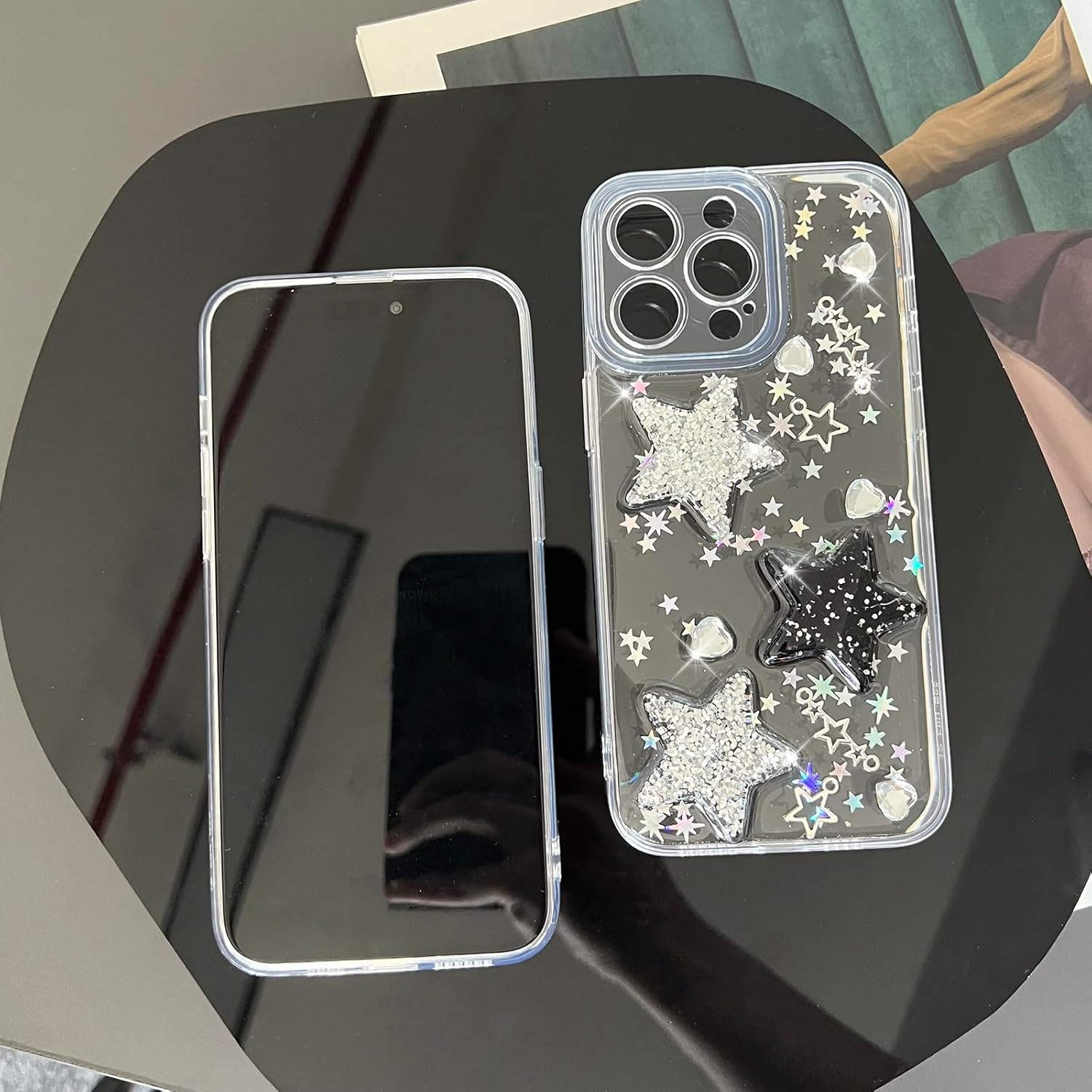 Funda compatible con iPhone 15, diseño de estrellas brillantes con purpurina 3D, bonito diseño de diamantes para niñas y mujeres, funda protectora