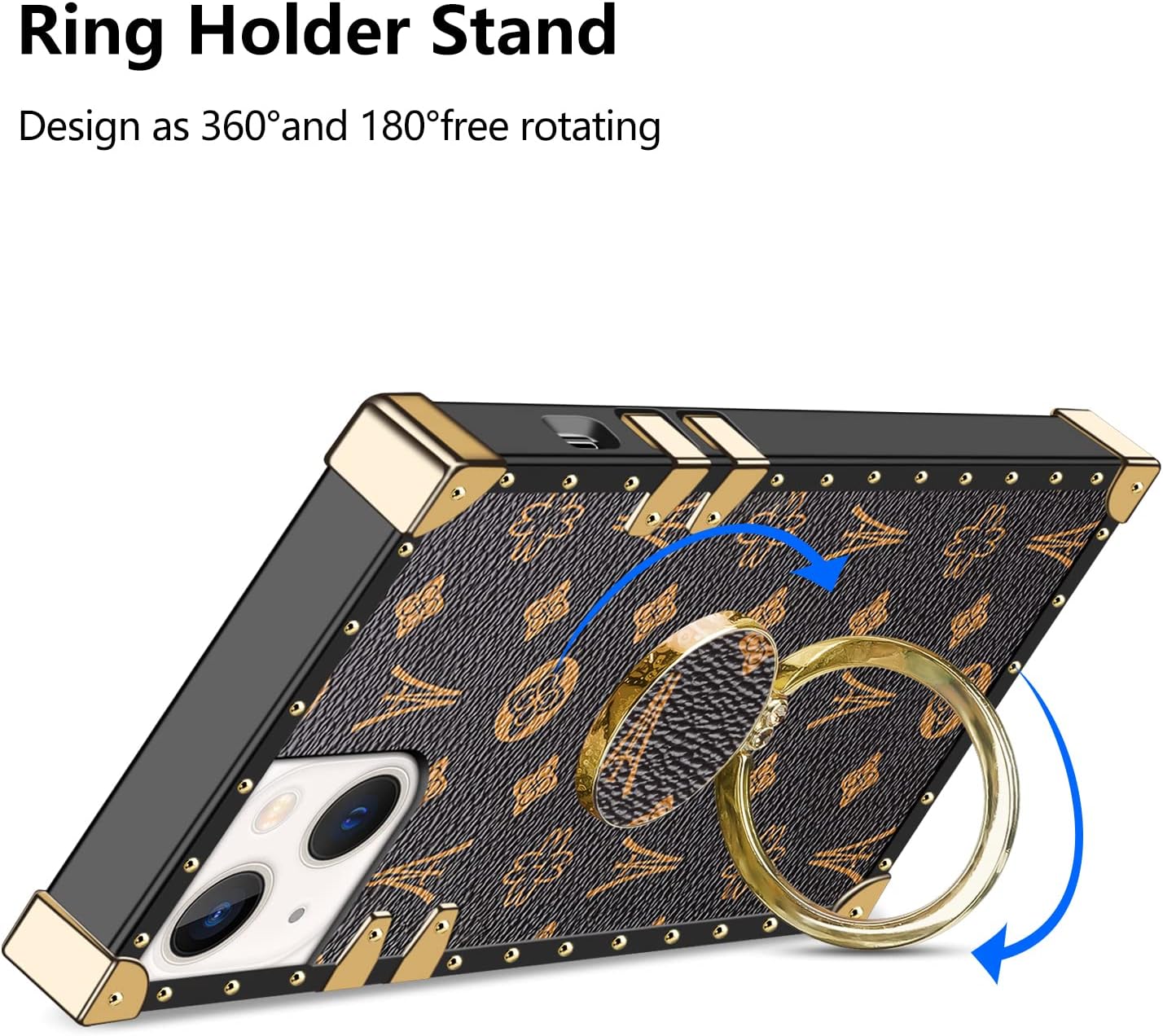WOLLONY Funda cuadrada compatible con iPhone 15, elegante y lujosa funda para teléfono con soporte de anillo para mujeres y niñas, TPU suave,