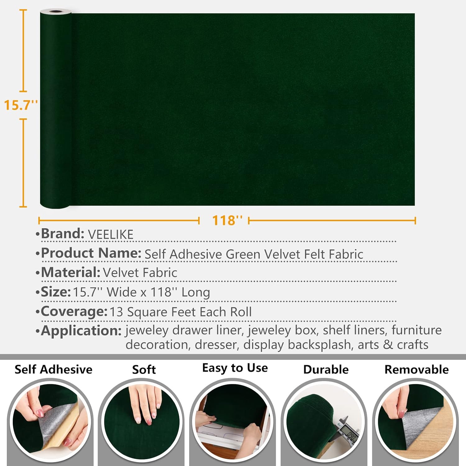 VEELIKE Papel de contacto autoadhesivo de terciopelo verde para forro de cajones de joyas, 15.7 x 118 pulgadas, papel tapiz de tela de terciopelo