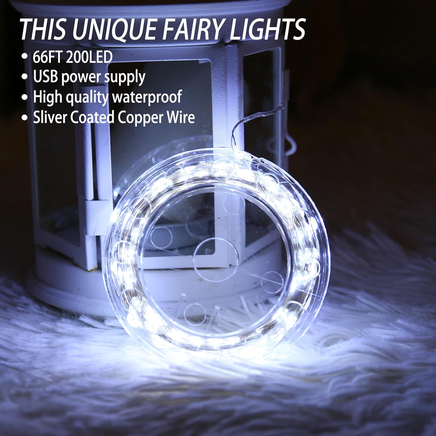 Guirnalda de luces de 33 pies con 100 luces LED USB parpadeantes enchufables de alambre plateado con control remoto y temporizador, 8 modos de