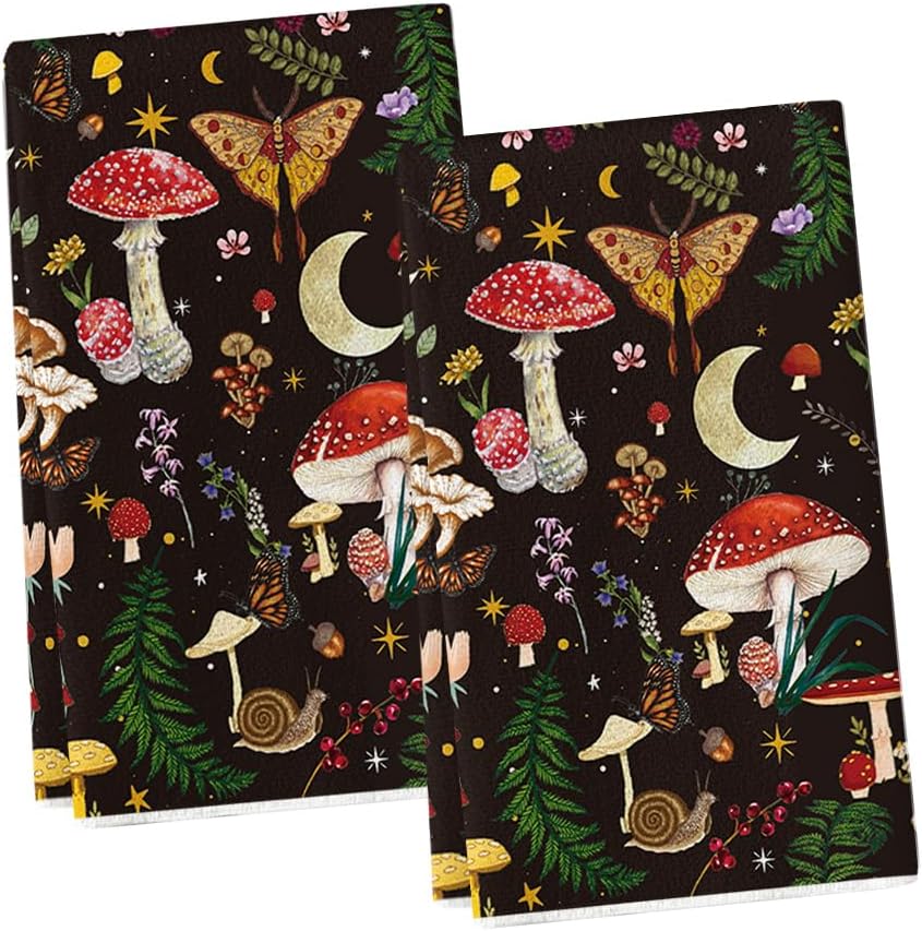 Artoid Mode Juego de 2 toallas de cocina modernas con diseño de hongos, 18 x 26 pulgadas, bonitas toallas de mano con decoración mágica de granja
