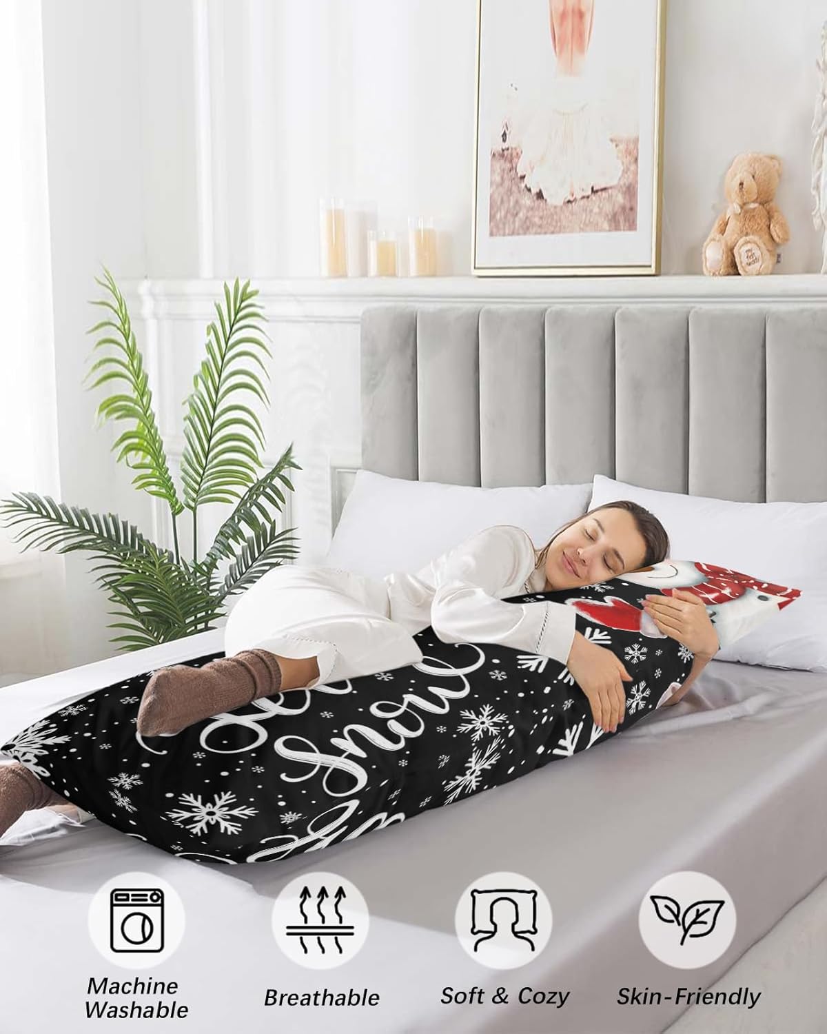 Funda de almohada corporal de muñeco de nieve, fundas de almohada suaves y decorativas de lujo para sofá largo lumbar con cierre de sobre, Feliz