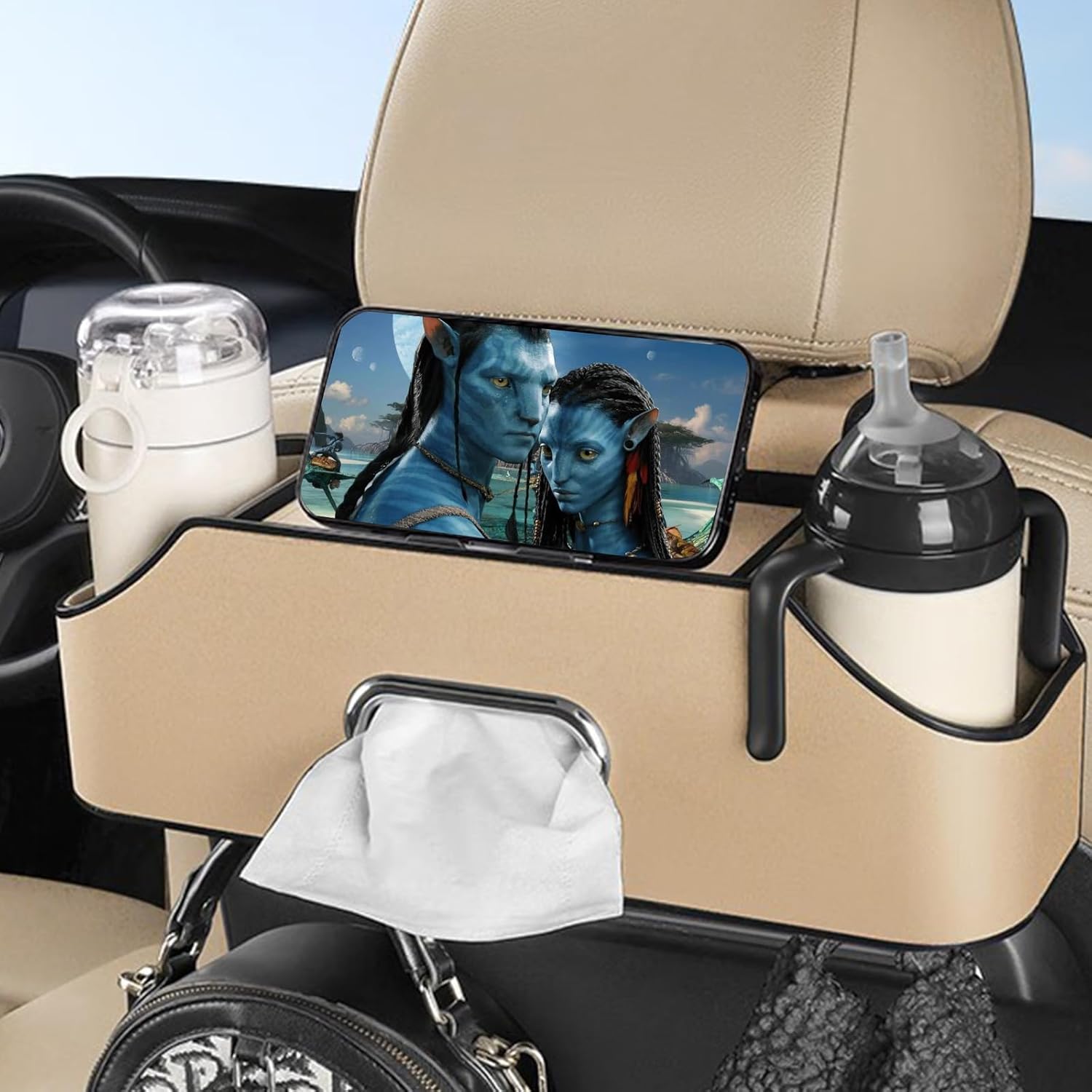 Gift2u Caja de almacenamiento multifuncional para vehículos, organizador de asiento trasero de automóvil con 2 portavasos para bebidas, soporte para