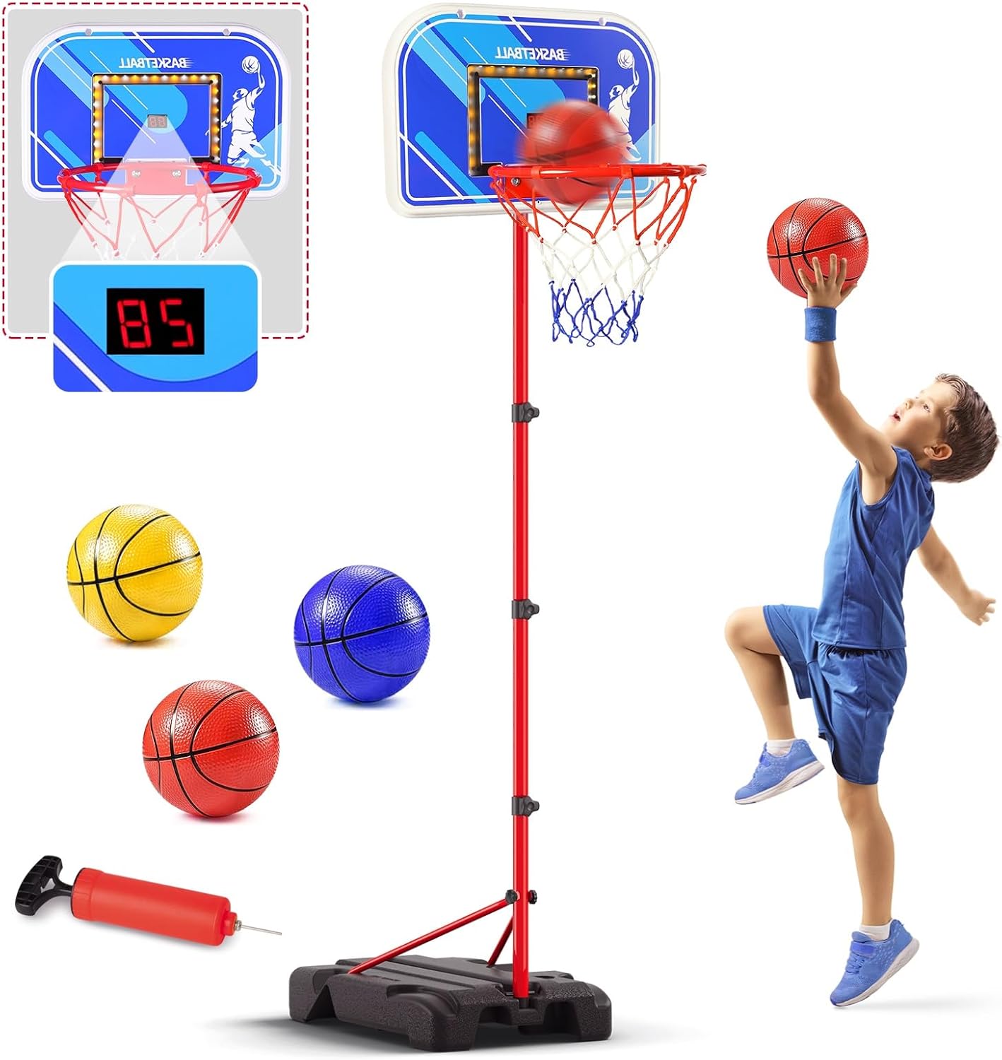 VATOS Aro de baloncesto para interiores para niños y niños pequeños, juego de portería de baloncesto de altura ajustable con luz LED y marcador y 3