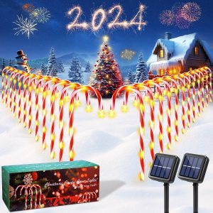 24 decoraciones navideñas para exteriores, 144 luces LED solares de bastón de caramelo para decoración de Navidad, 8 modos de luces solares de 24 decoraciones navideñas para exteriores, 144 luces LED solares de bastón de caramelo para decoración de Navidad, 8 modos de luces solares de