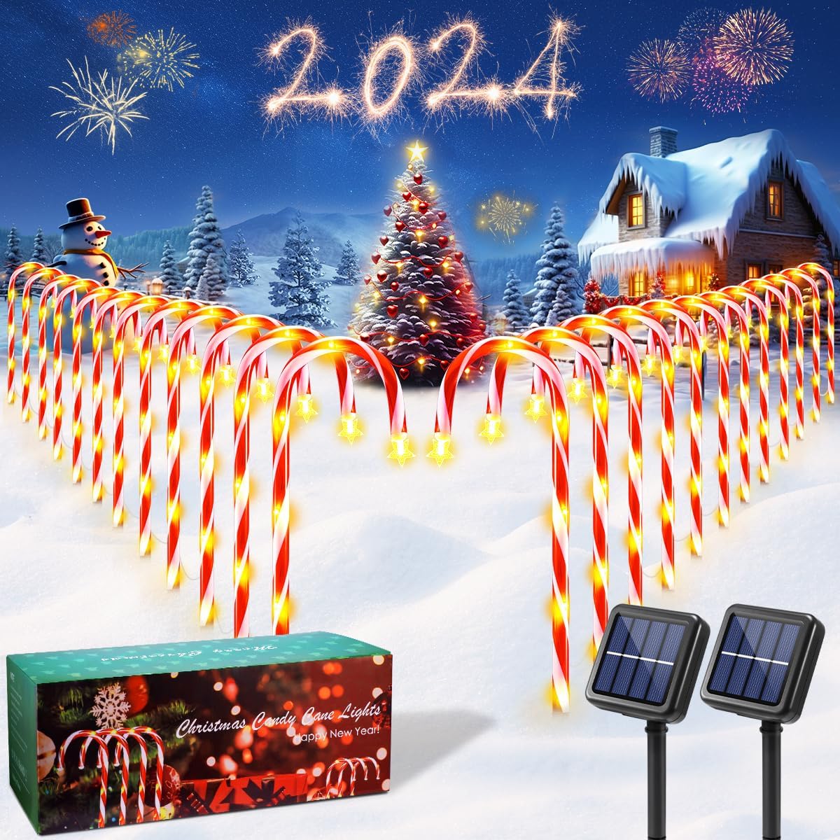 24 decoraciones navideñas para exteriores, 144 luces LED solares de bastón de caramelo para decoración de Navidad, 8 modos de luces solares de