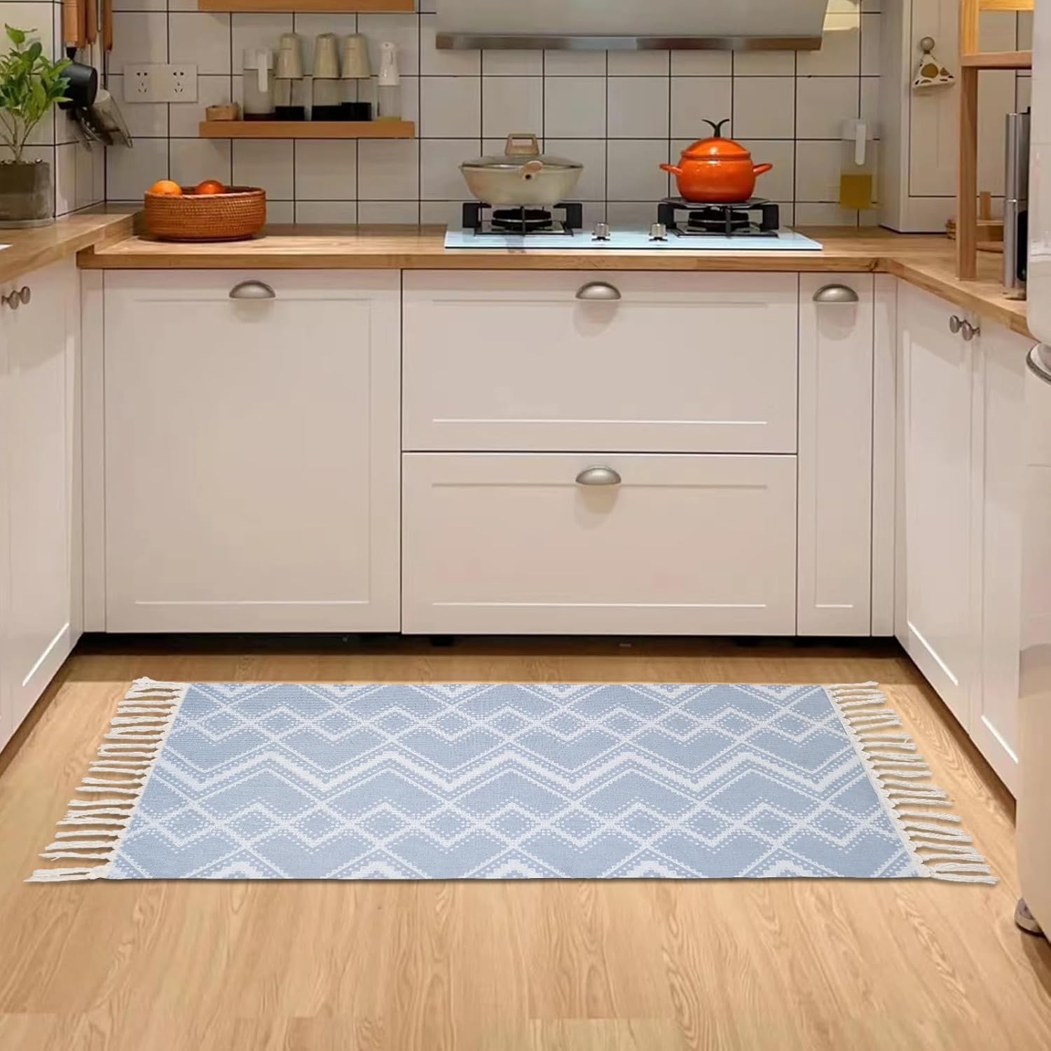 NECHEGI Alfombra de pasillo de cocina bohemia con borla, 47 x 23 pulgadas, lavable, tapete marroquí para entrada, lavandería, dormitorio, pasillo,