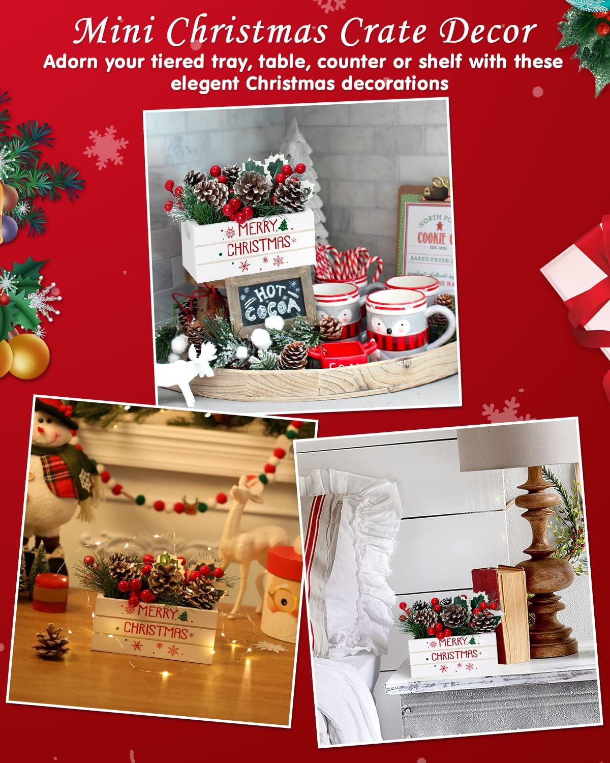 Huray Rayho Centro de mesa de Navidad, 26 piezas, decoración de bandeja escalonada, flor de pino artificial con piñas, bayas rojas, mini cesta de