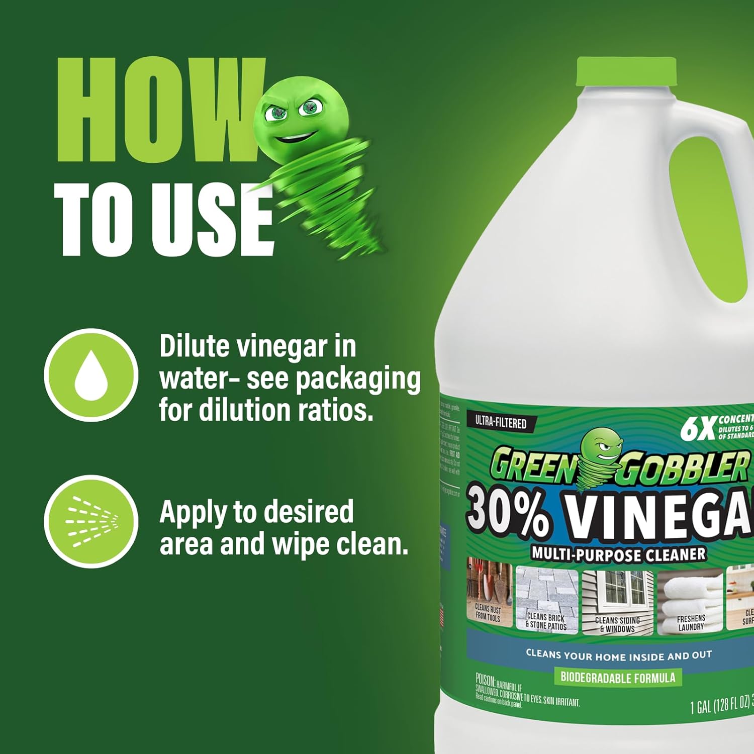 Green Gobbler 30% de vinagre concentrado en el hogar y al aire libre  6 veces más fuerte que el vinagre tradicional