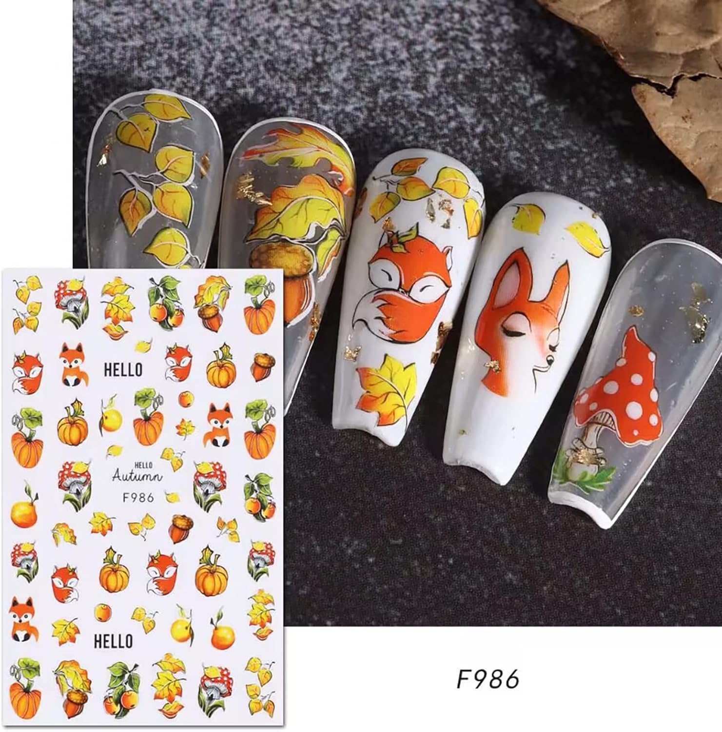 8 hojas de calcomanías de uñas navideñas autoadhesivas 3D, suministros de uñas de temporada, diseño de zorro, alce, hoja de arce, calabaza, diseño