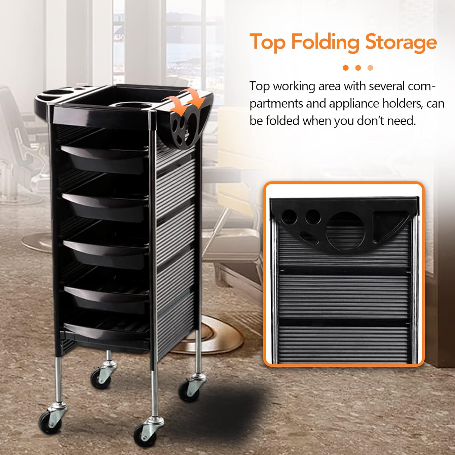 GORLENKEBeauty – Carrito de peluquería con ruedas con 5 cajones, carrito de peluquería con ruedas, color negro Y