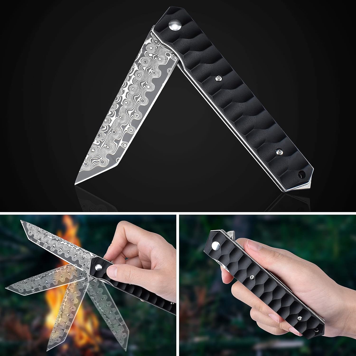 AUBEY Cuchillo de bolsillo de Damasco con clip para hombres y mujeres, cuchillos plegables de acero de Damasco con rodamiento de bolas, mango