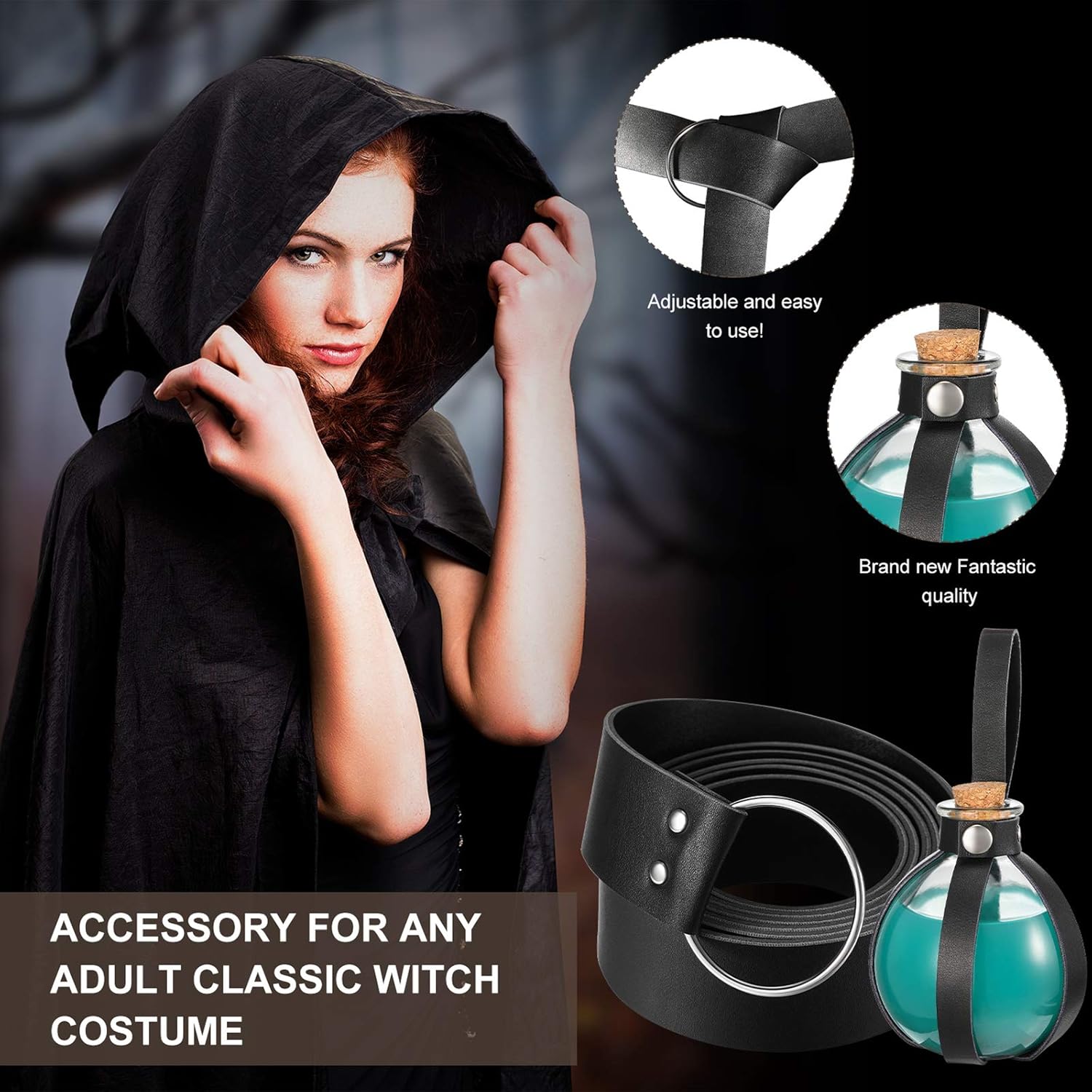 Botella de poción de corcho mágico oscuro de Halloween, botella redonda esférica de vidrio transparente con cinturón de cuero medieval de caballero,