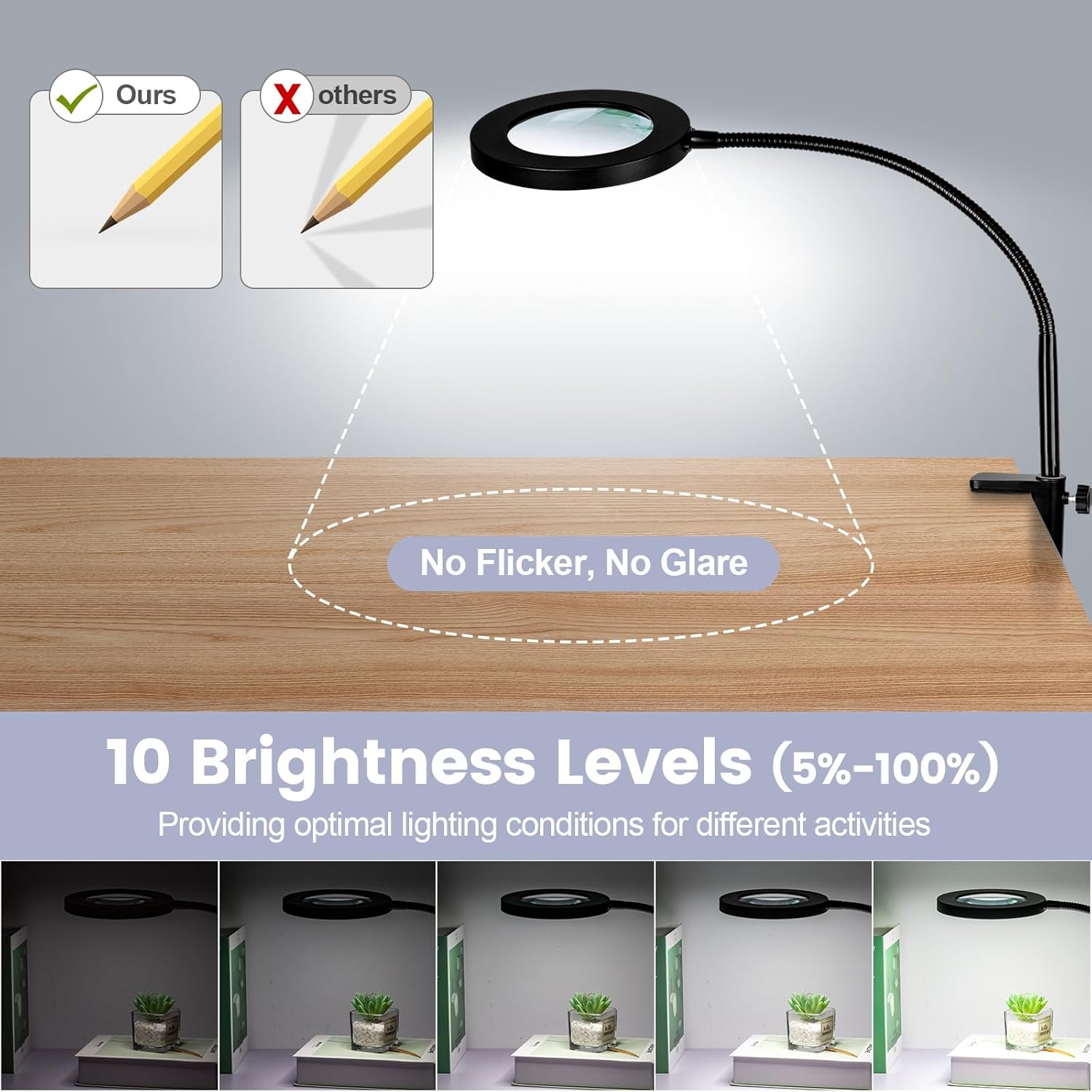 NUEYiO – Lupa 10X con luz y soporte, lámpara de pie con lupa LED regulable de 3 colores, con cuello de cisne de 24 pulgadas, brazo oscilante