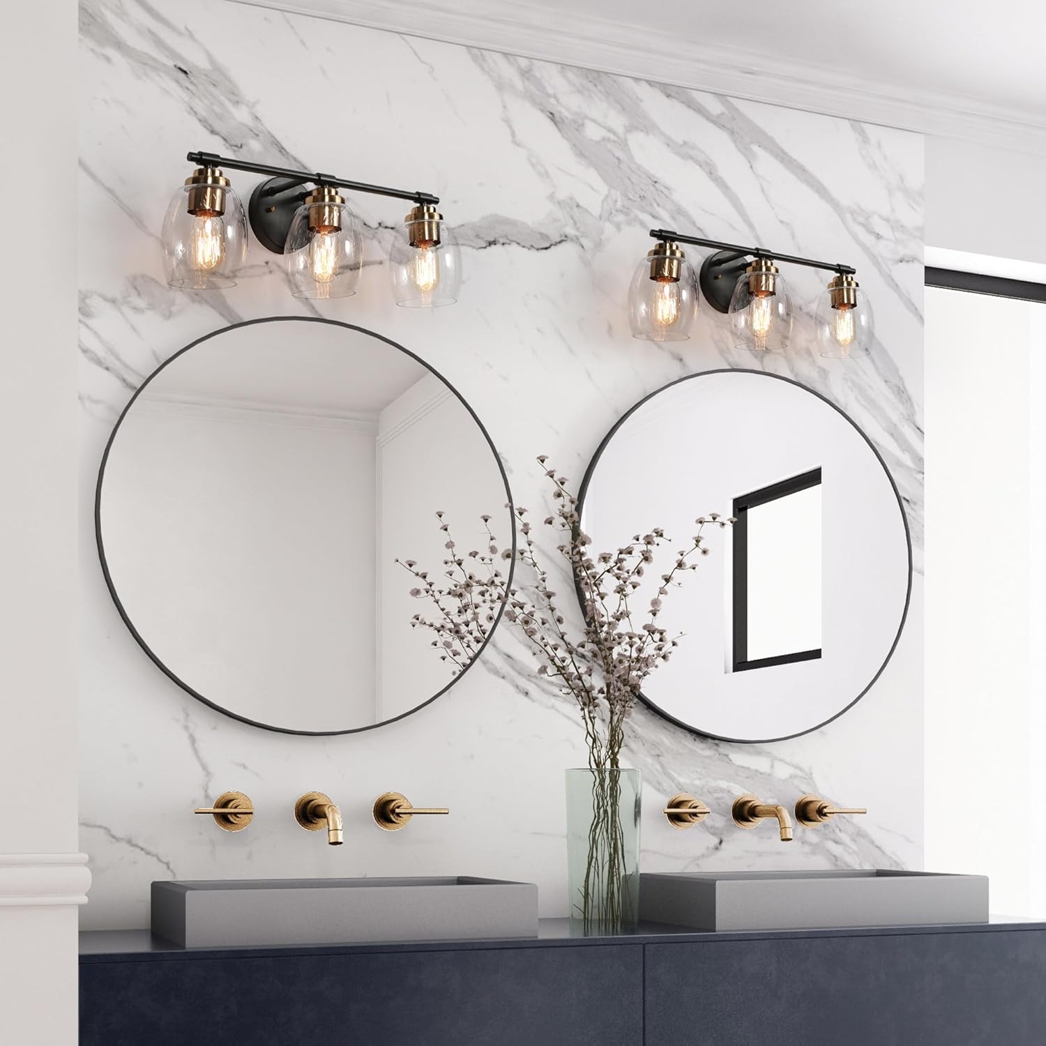 classy leaves Lámparas de tocador de baño, 3 luces de tocador de color negro dorado con vidrio sembrado, moderno aplique de pared de baño de granja