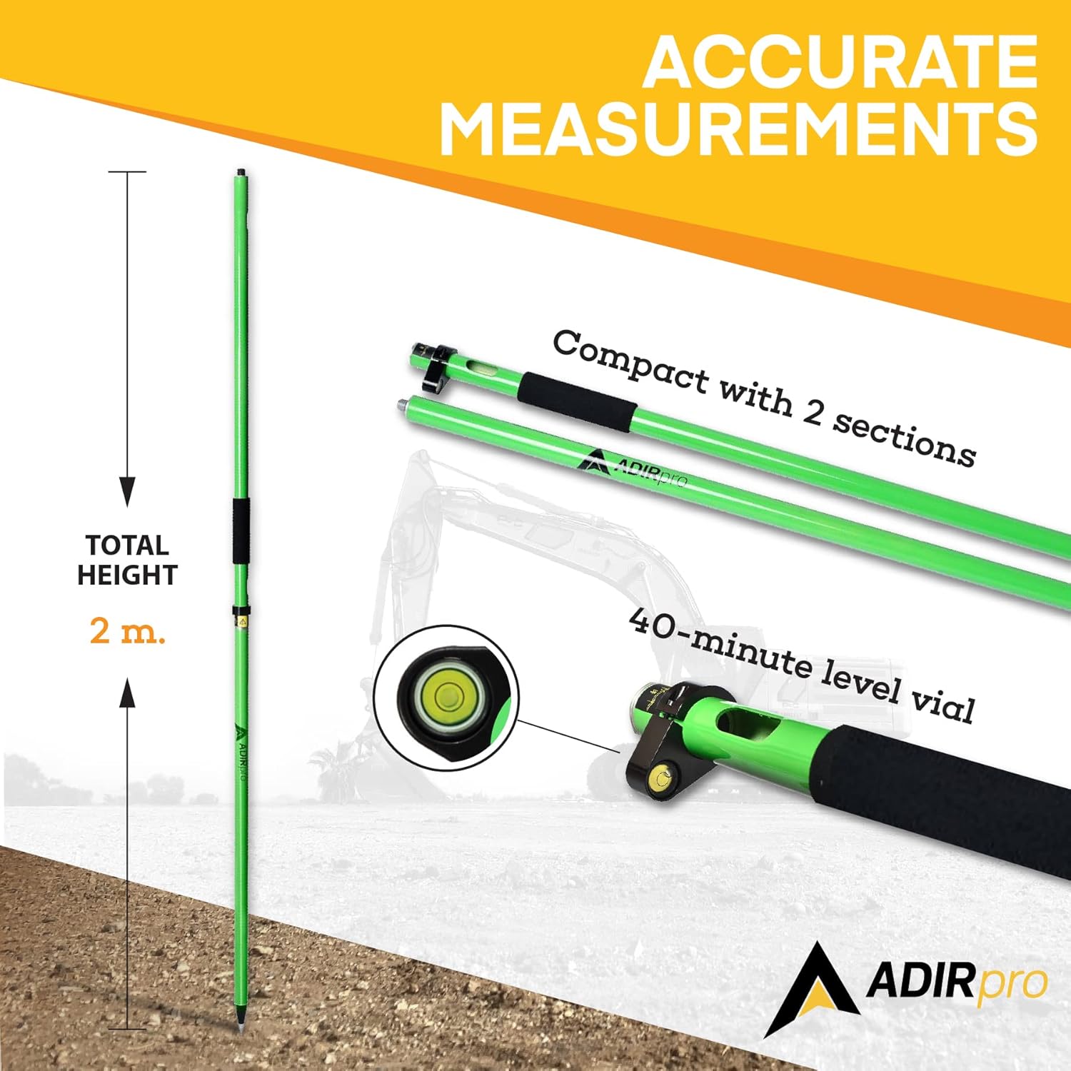 Adir – Bípode de aluminio con cabeza de tornillo de pulgar (amarillo) y barra de aluminio AdirPro GPS Rover (verde)