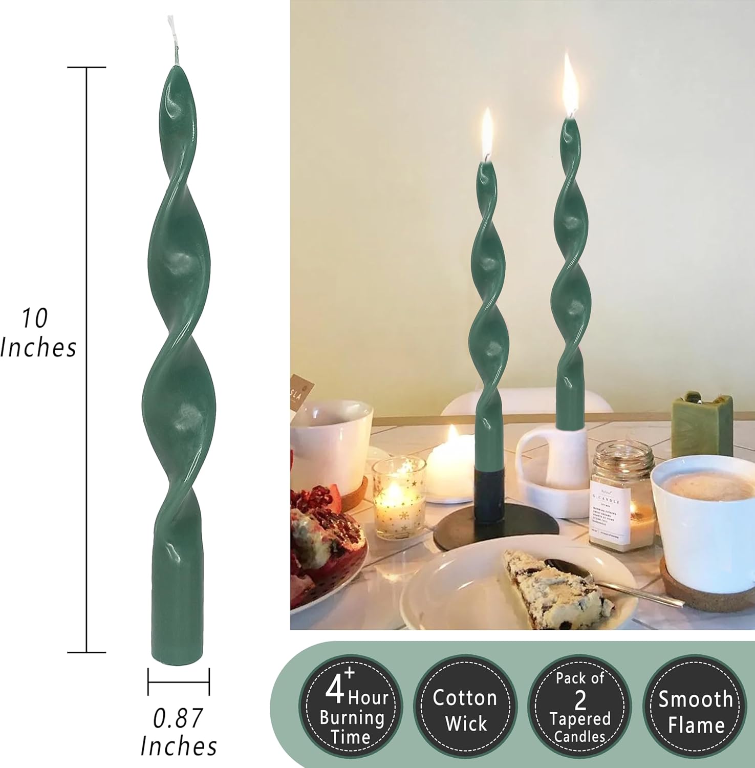 Vela cónica en espiral, color verde, velas largas trenzadas, velas de cera sin perfume para cena, decoración del hogar, bodas, festividades