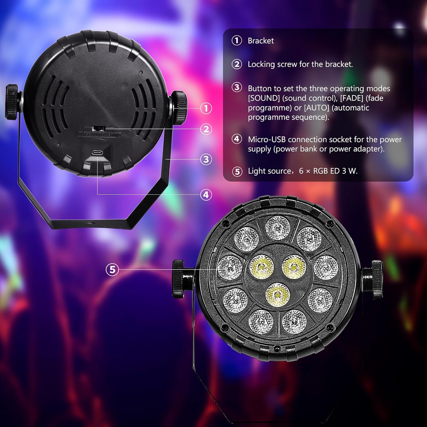 Luz de DJ, 12 luces LED para fiestas de interior, control de luz de escenario móvil activado por sonido, bola de discoteca para bar, concierto,