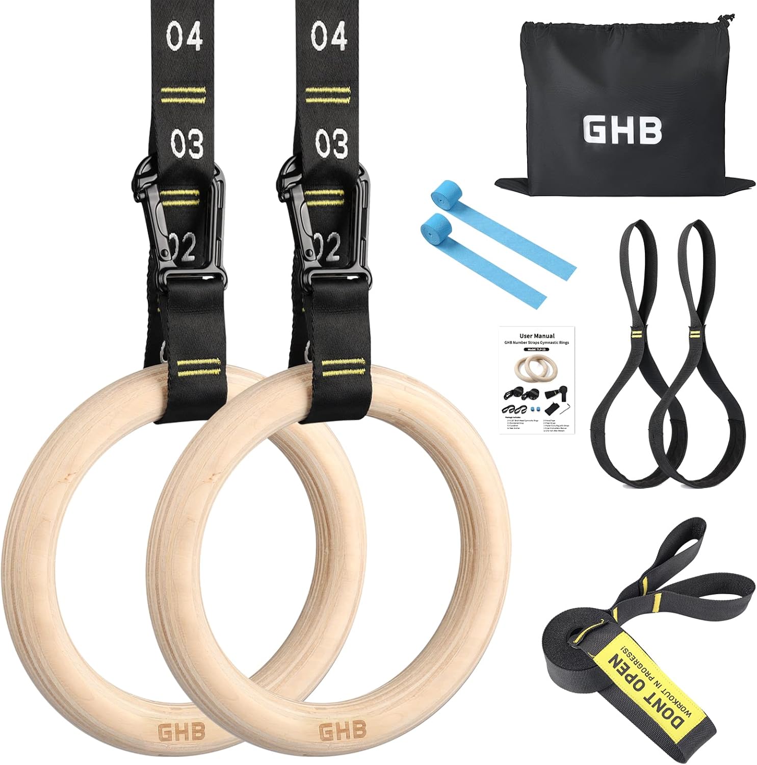 GHB Anillos de gimnasia de madera, anillos de entrenamiento de 1.25 pulgadas, correas numeradas ajustables, juegos de anillos para entrenamiento de