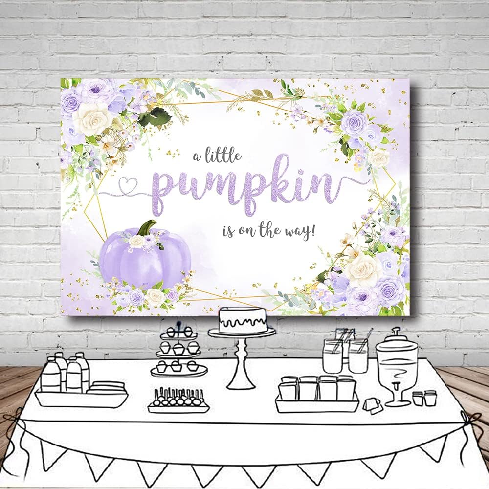 MEHOFOND Telón de fondo de calabaza de otoño de 7 x 5 pies para niña, baby shower, decoración de fiesta floral morado para bebé, niña, decoración de