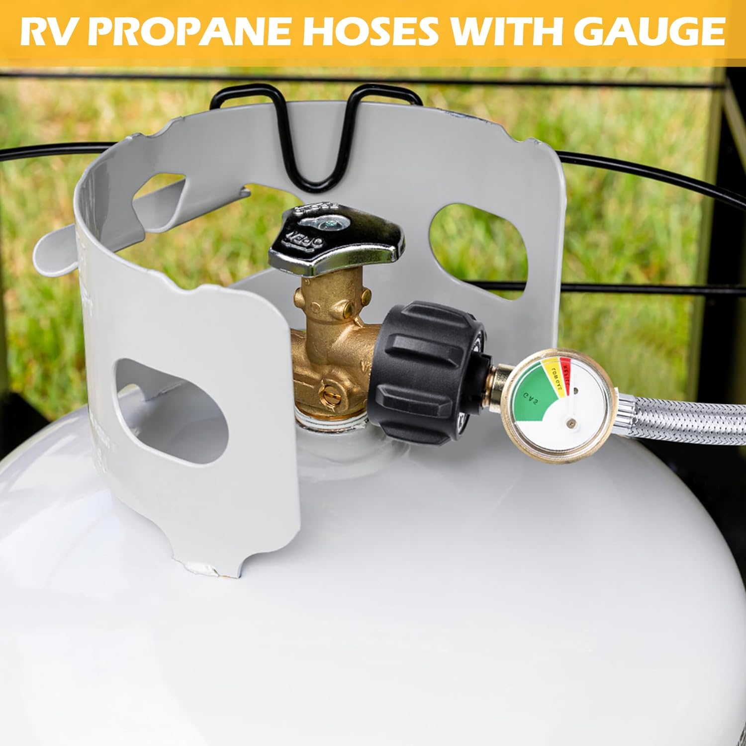 Mangueras de propano RV de 15 pulgadas con calibre, manguera trenzada de acero inoxidable para tanque de cámper, línea de manguera de propano para
