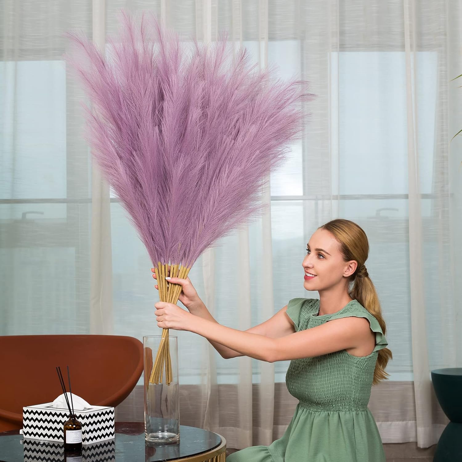EVODIS Decoración de hierba de las pampas alta, 43 pulgadas43.3 in, 6 tallos grandes, ramas de hierba de pompas, arreglo floral bohemio a granel
