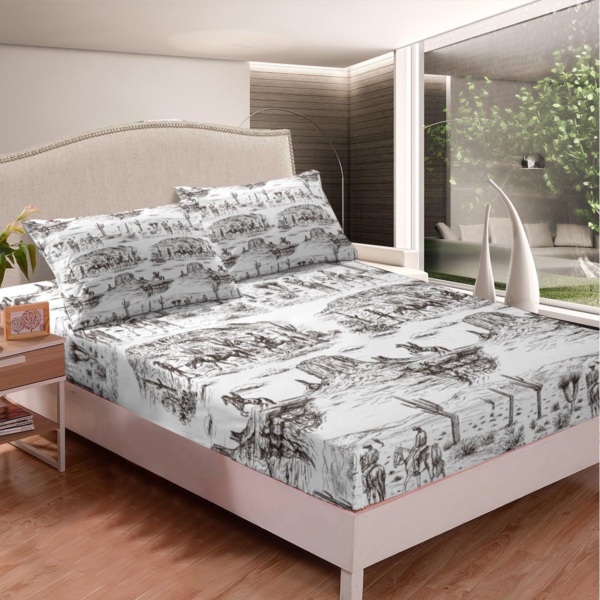 Southwest Cowboy – Juego de sábanas tamaño King, juego de ropa de cama del desierto occidental, 4 piezas, color negro y blanco, para niños, hombres,