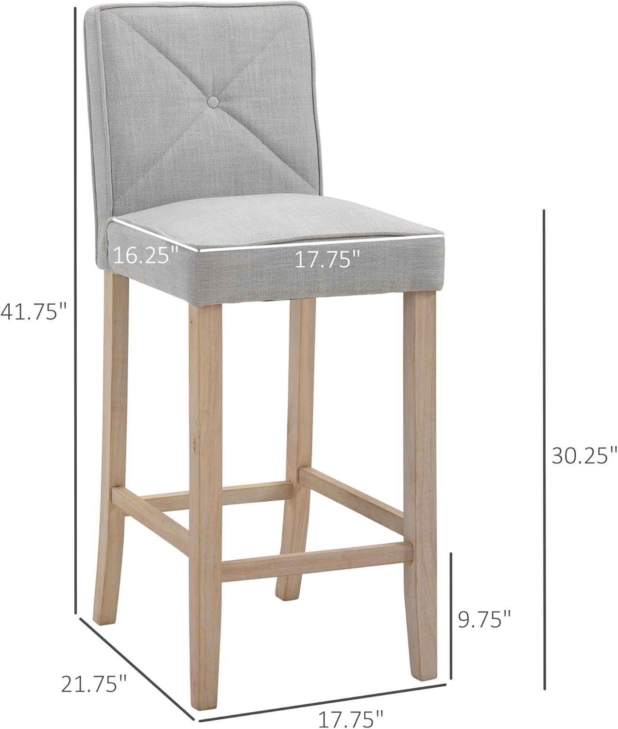 HOMCOM Juego de 2 taburetes de bar modernos, taburetes de cocina tapizados con altura de barra con reposapiés integrado, patas de madera maciza,