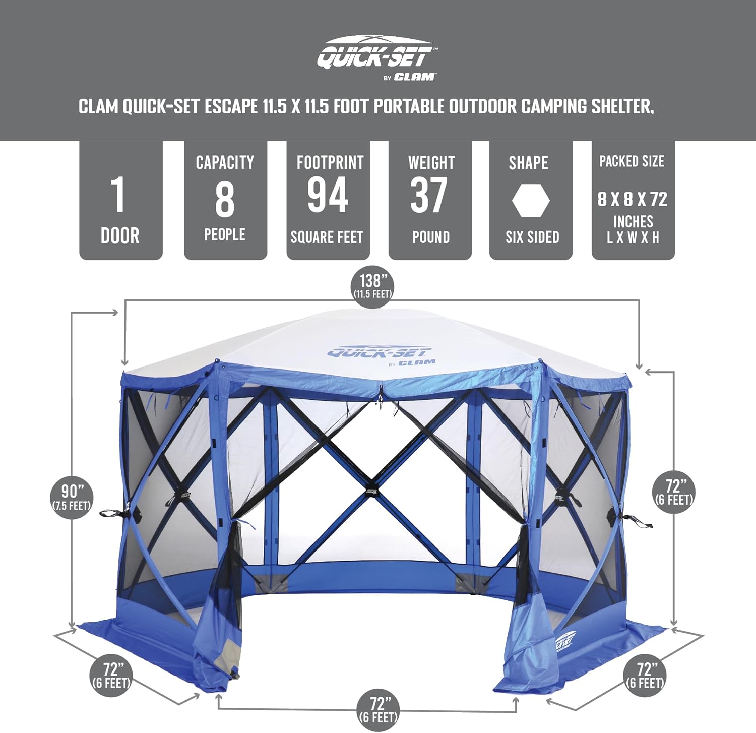 CLAM Quick-Set Escape Sport – Tienda de campaña portátil de 11.5 x 11.5 pies con pantalla para portón trasero, 6 caras, refugio con estacas y bolsa