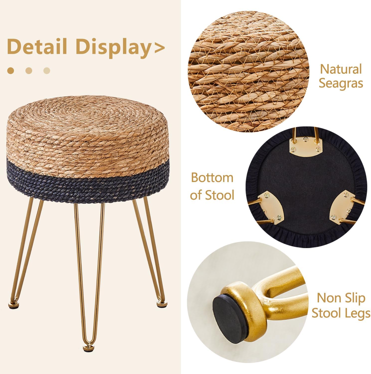 Cpintltr Natural Seagrass – Pufs de tejido a mano, taburete otomano de terciopelo, taburete otomano redondo con patas de metal para sala de estar,
