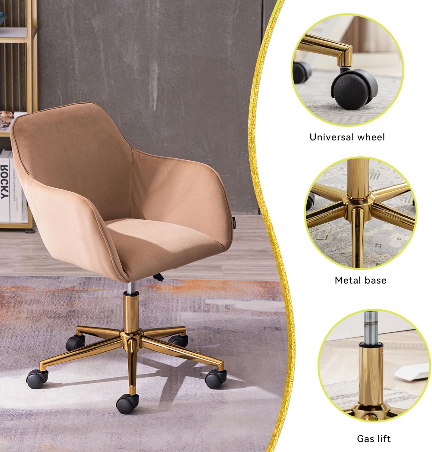 Silla de oficina en casa de terciopelo, bonita silla giratoria de escritorio con ruedas, moderna silla de tocador ajustable con base dorada para
