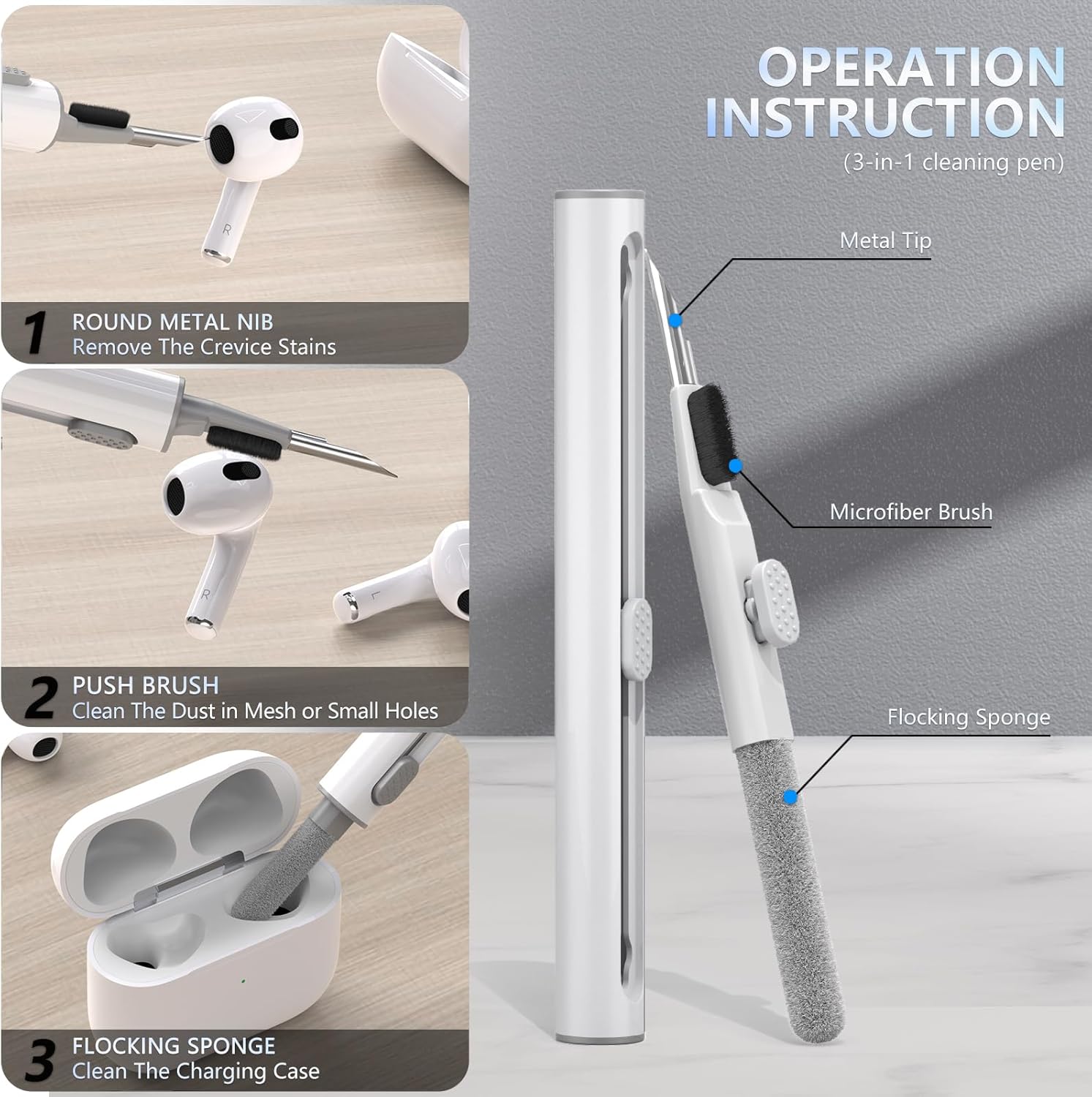 Funda compatible con AirPods de 3 generación con kit de limpieza, protección de clip de bloqueo seguro, diseño de interruptor a presión automático