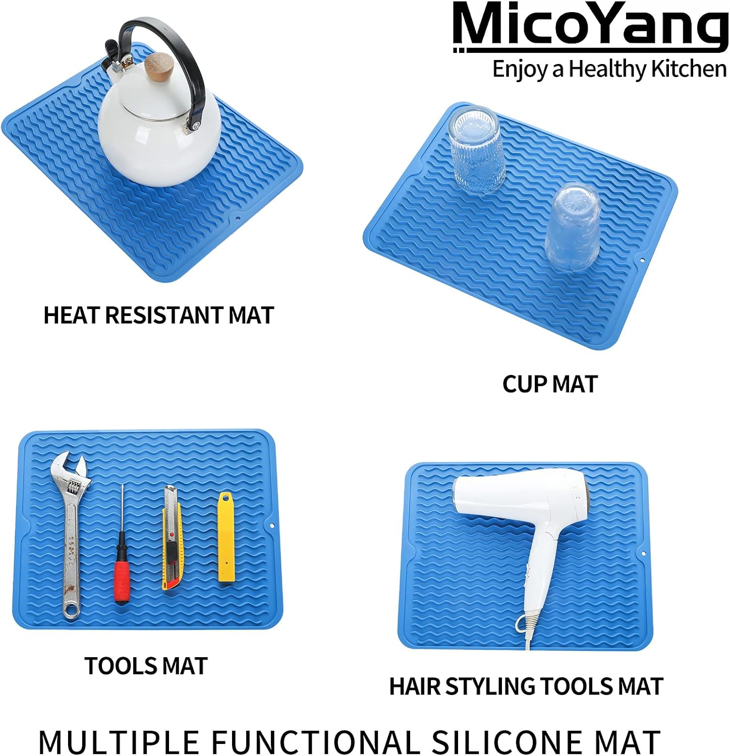 MicoYang Alfombrilla de silicona para secado de platos para múltiples usos, fácil de limpiar, ecológica, resistente al calor, alfombrilla de