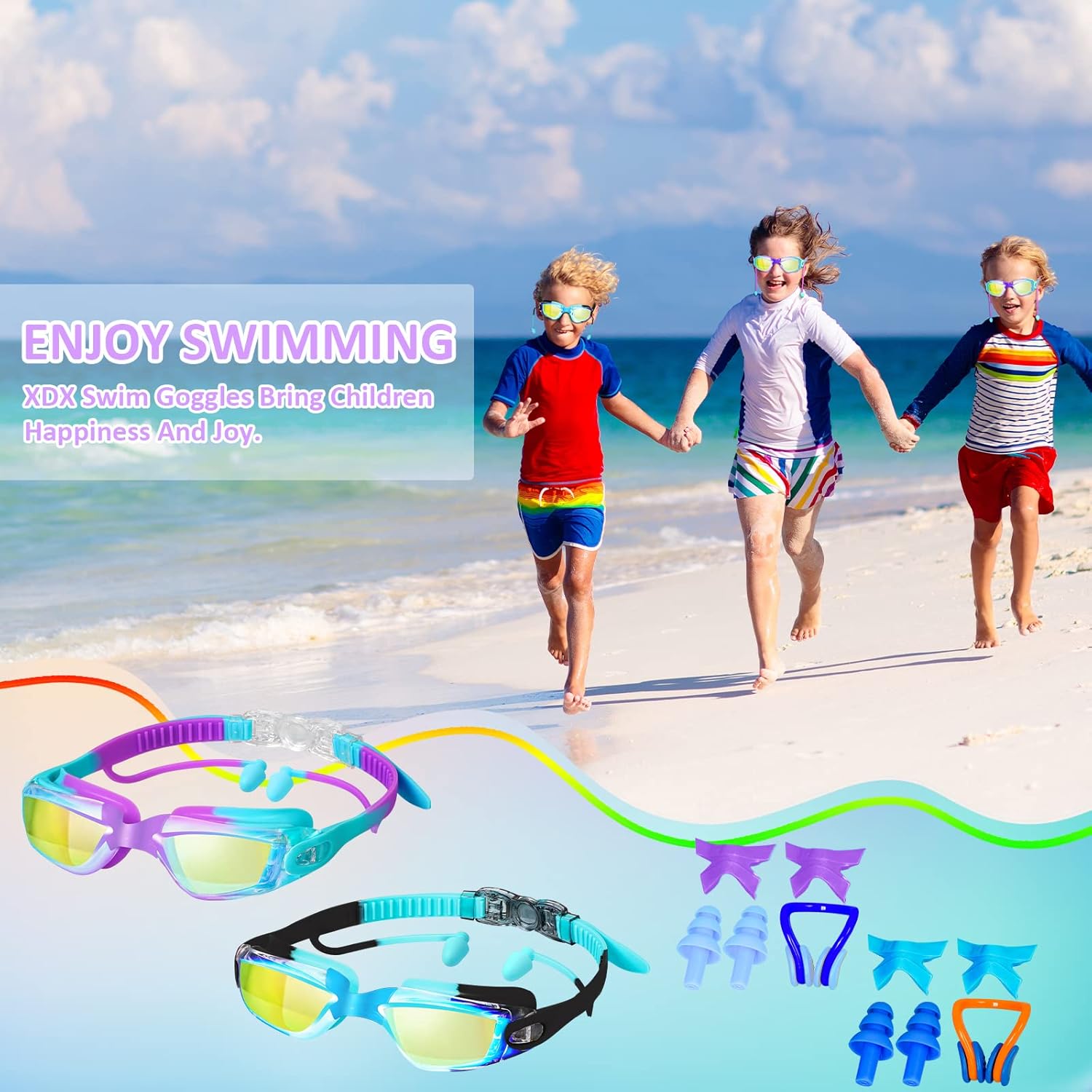 XDX Gafas de natación para niños, paquete de 2 gafas de natación para niños con protección UV, antiniebla sin fugas para niños, niñas, adolescentes