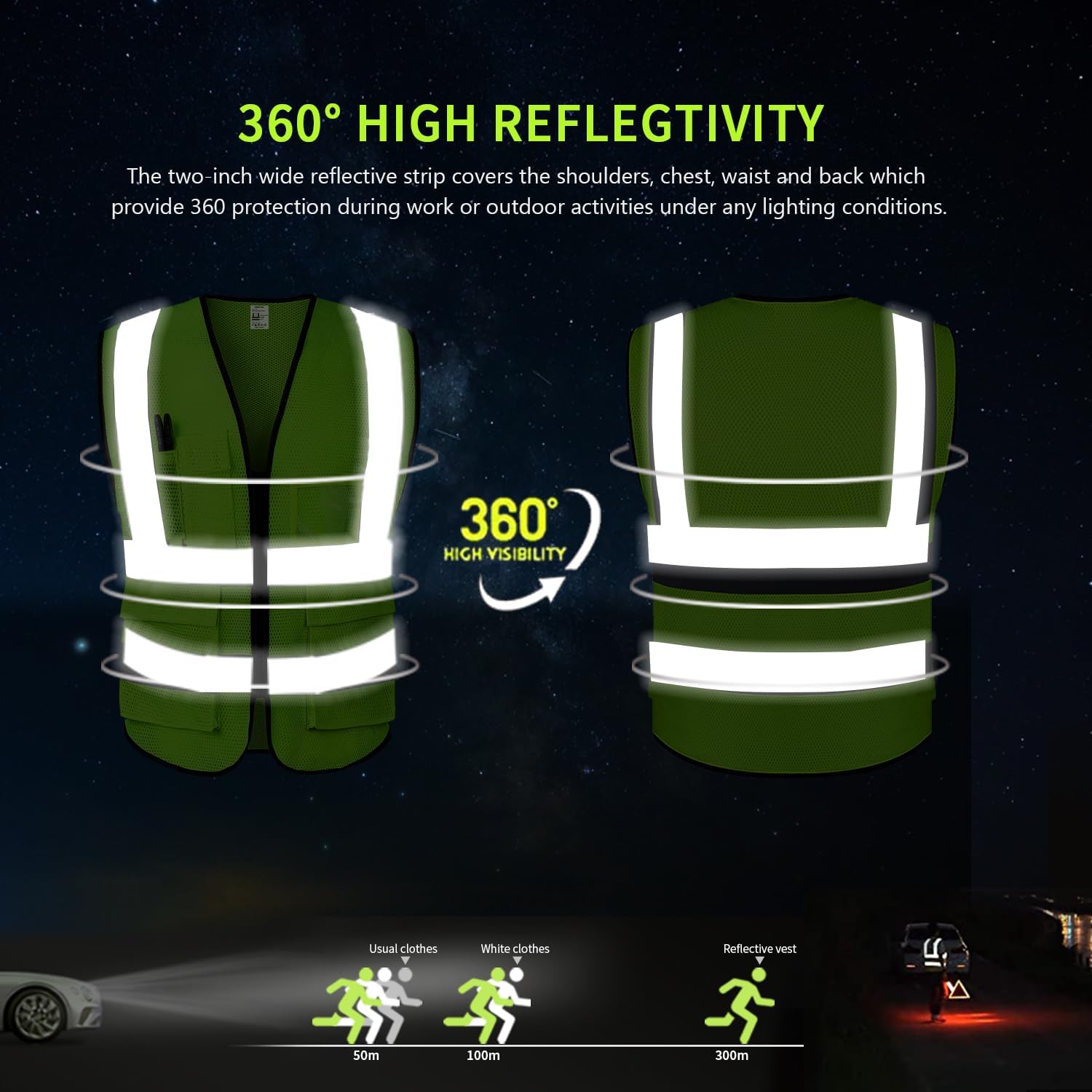 Chaleco MeshSafety para mujeres y hombres cumple con los estándares ANSI con tiras reflectantes con bolsillos y cremallera para topógrafo