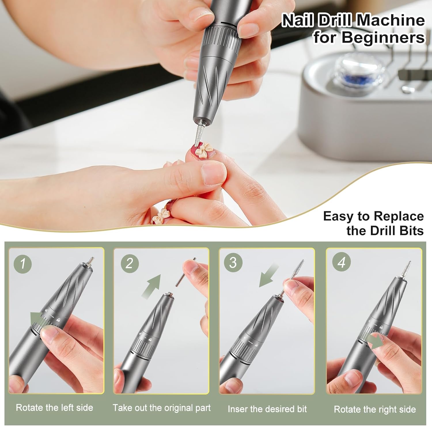 Taladro eléctrico de uñas, 40000 rpm, kit profesional de taladro de uñas Efile para uñas acrílicas de gel, alta velocidad, baja vibración, baja