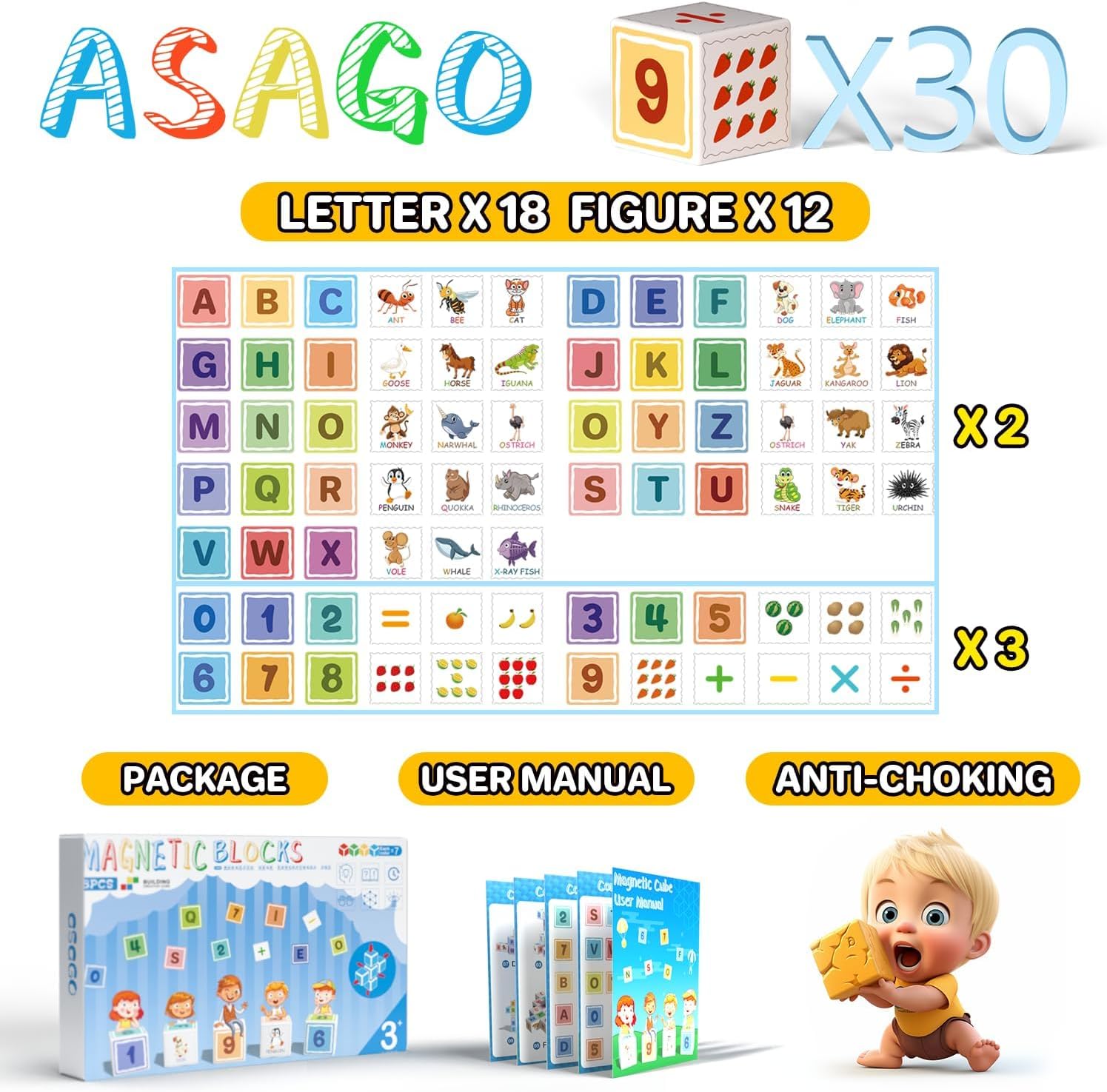 ABC 123 Bloques de construcción para niños pequeños, juguetes sensoriales de cubo magnético, aprendizaje preescolar del alfabeto, número y animales,