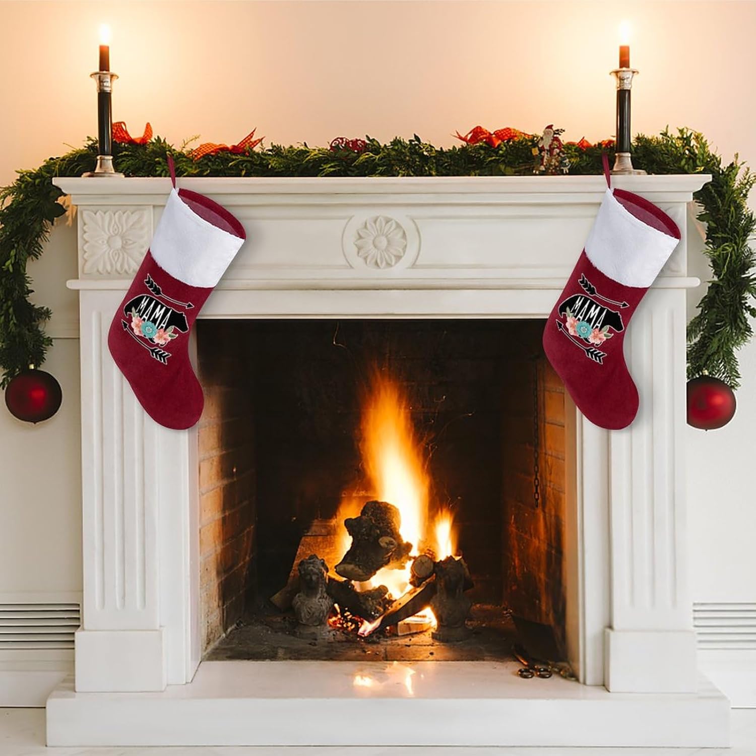 Calcetines de Navidad personalizados con diseño de mamá oso para chimenea, decoración de fiestas navideñas