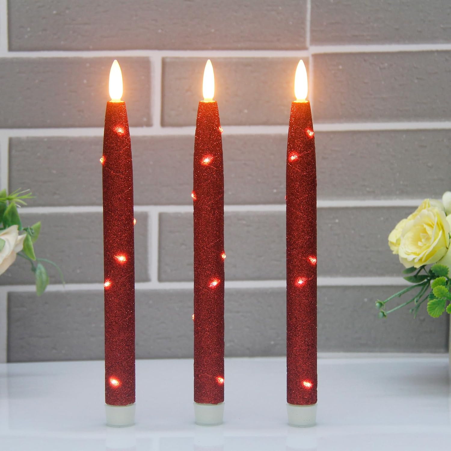 Velas LED sin llama con cuerda de luz de estrellas incrustada, con temporizador remoto, llama parpadeante 3D, velas cónicas falsas para ventana,