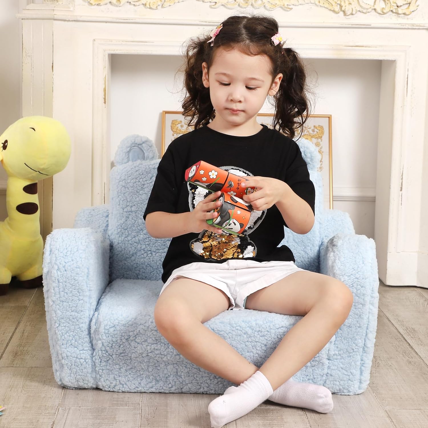 Sillas infantiles para niños pequeños, sofá de sherpa suave 2 en 1 plegable, sofá convertible a tumbona para niñas y niños, oso de peluche, color