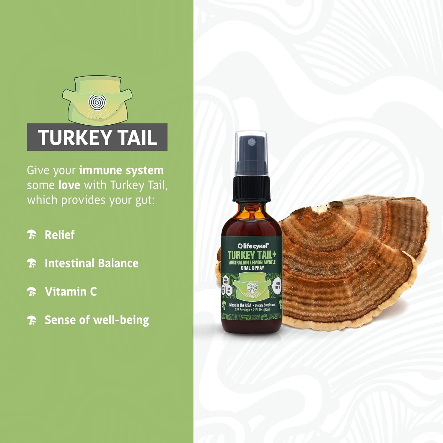 LIFE CYKEL Suplemento de hongo de cola de pavo en aerosol oral con mirto de limón – 100% hongos orgánicos de cola de pavo – Suplemento de apoyo