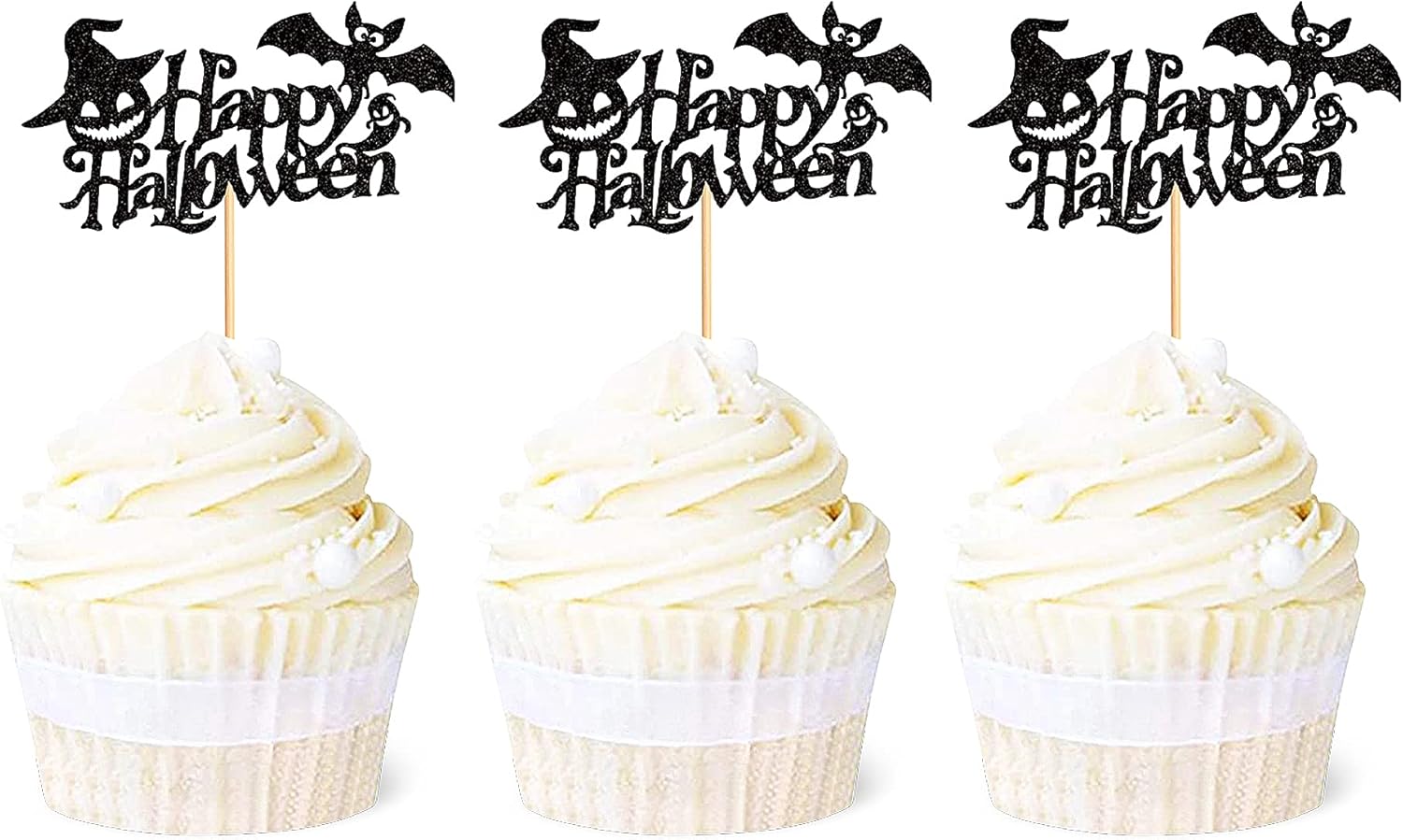 Ercadio Paquete de 24 adornos para cupcakes de Halloween con purpurina negra, murciélago, fantasma, calabaza, sombrero de Halloween para cupcakes,