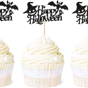 Ercadio Paquete de 24 adornos para cupcakes de Halloween con purpurina negra, murciélago, fantasma, calabaza, sombrero de Halloween para cupcakes, Ercadio Paquete de 24 adornos para cupcakes de Halloween con purpurina negra, murciélago, fantasma, calabaza, sombrero de Halloween para cupcakes,