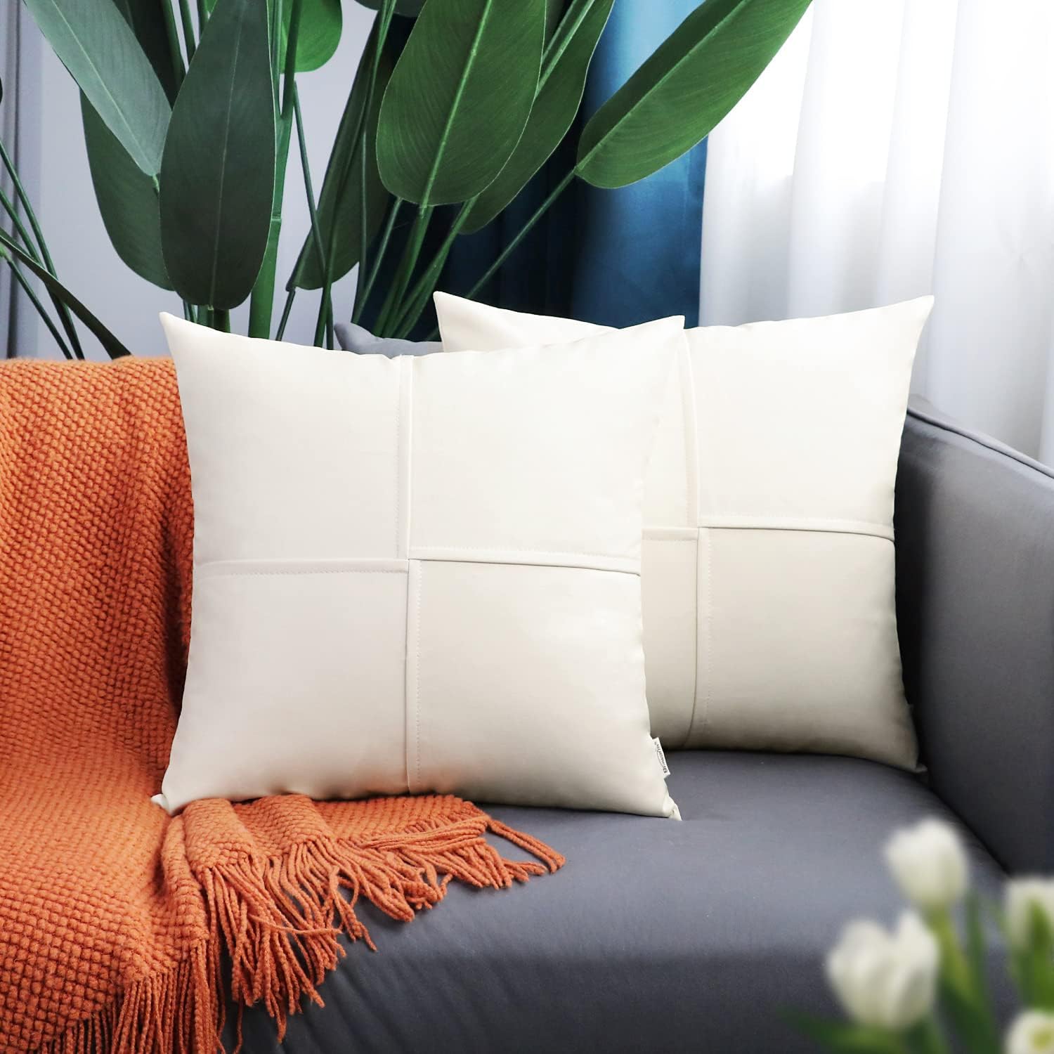 BRAWARM Fundas de almohada de piel sintética de 20 x 20 pulgadas, paquete de 2, fundas de almohada de cuero crema, almohadas decorativas de cuero