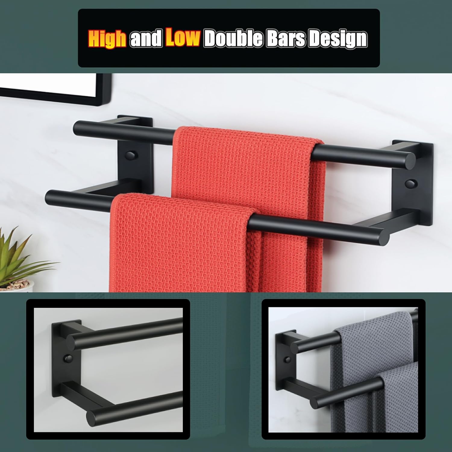 Alise Toallero doble de baño, toallero negro mate para baño, toallero de montaje en pared, toallero de acero inoxidable SUS304 resistente, GDL7400-B