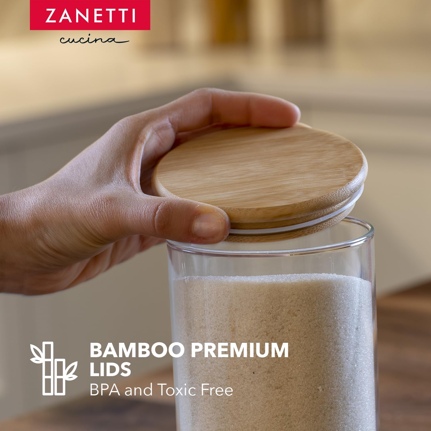 Zanetti – Recipientes herméticos de vidrio con tapas de madera de bambú para almacenamiento de alimentos con 75 etiquetas preimpresas para despensa